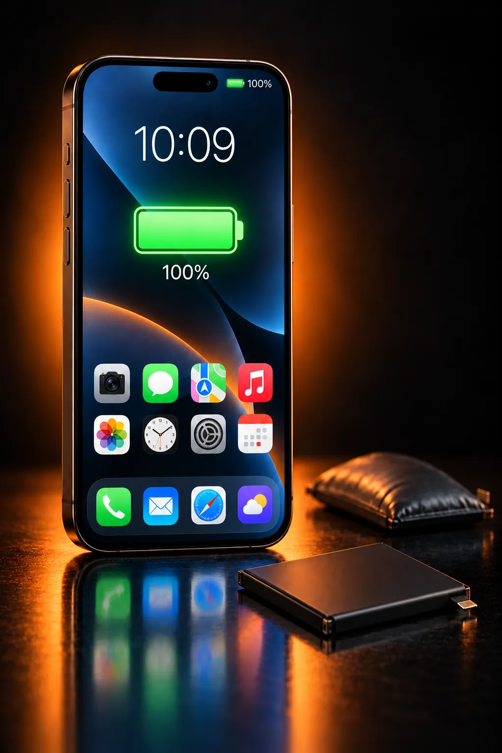 Celular com bateria em 100% e, ao lado, uma bateria nova e uma velha estufada